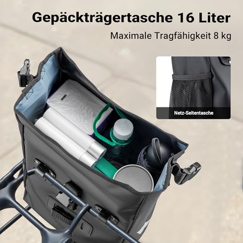 Wiltec Gepäckträgertasche matt schwarz, Fahrradtasche Gepäckträger 16 l Stauraum, Gepäcktasche mit Tragegurt, wasserresistente Fahrrad Tasche
