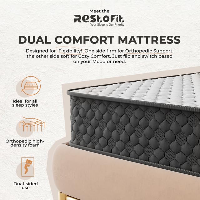 Image of RESTOFIT Orthopedic Dual Comfort Single Size Mattress 72x42x8 Inches | Medium Firm 8-Inch HR Foam Mattress for Back Support | Premium Cotton | 7-Year Warranty | Vacuum Packed Roll | Sleep well Comfort