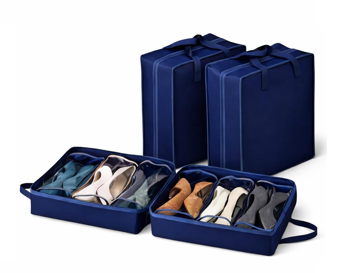 Foldable Shoe Organiser Bag for Travel & Home Storage | Holds Up to 6 Pairs of Shoes | Dustproof Transparent Compartments | Portable Shoe Storage Organizer with Handle & Zipper | Blue-image-16