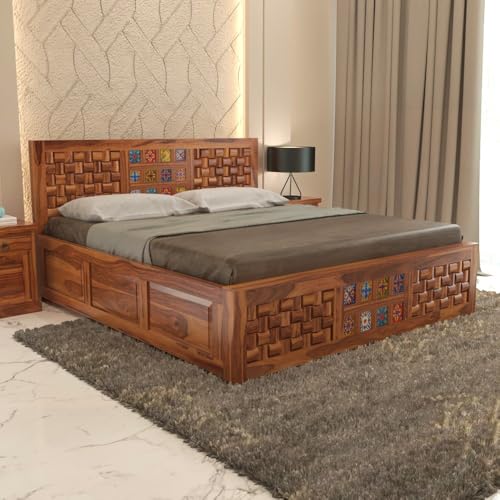 Image of Sheesham Wood King Size Bed with Storage Box | Wooden Box Bed King Size Double Cot Bed with Storage for Bedroom | Premium Niwar Tile Design Headboard Bed for Hotel, Home | Honey Finish