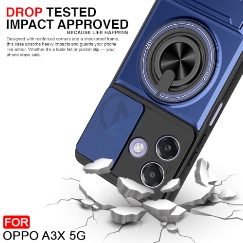 Image of AESTMO Oppo A3X 5G Back Cover | Armor Camera Slider 360 Degree Rotating Finger Ring Holder Case with Bracket Stand Back Case Cover (Compatible with MagSafe Accessories) (Blue)