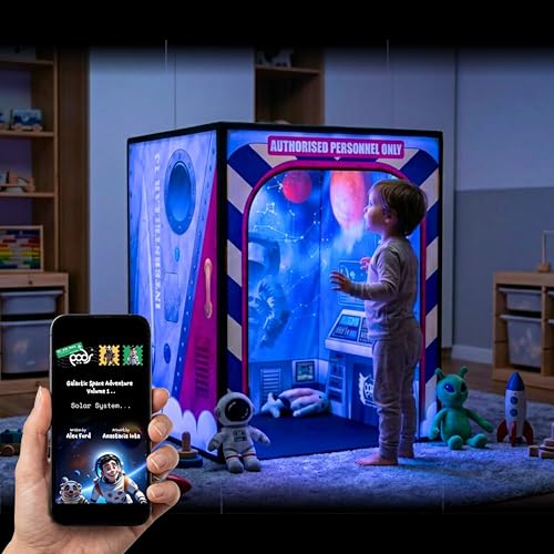 PODSgo Immersive Play Tent for Kids - Indoor Tech Sensory Play Space with Interactive Mobile App Galactic Space Adventure Theme Built-In Lights Memory Foam Mat & Interchangeable Jacket