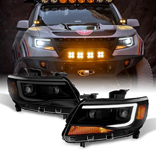 AKKON - For [Black Smoke] 2015-2022 Chevy Colorado Frost White LED DRL Dual Square Projector Headlights Set