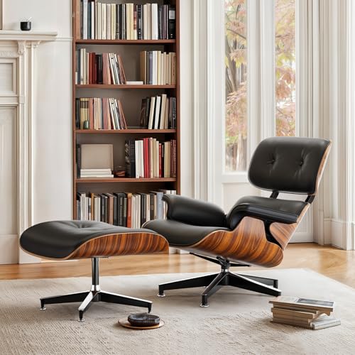 Image of Top Black PU Leather, Mid Century Chaise Lounge Chair and Ottoman, Modern Chair Classic Design, Palisander Wood, Heavy Duty Base Support for Living Room Office