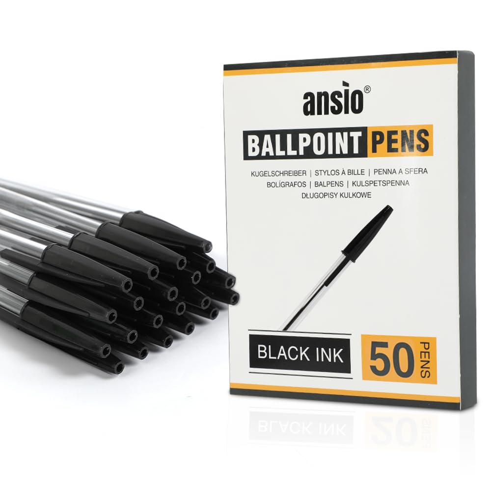 ANSIO Black Biro Pens - Medium Tip (1.0mm) Smooth Writing Ballpoint Pens - Ideal for School Office & Home Use: Value Pack of 50