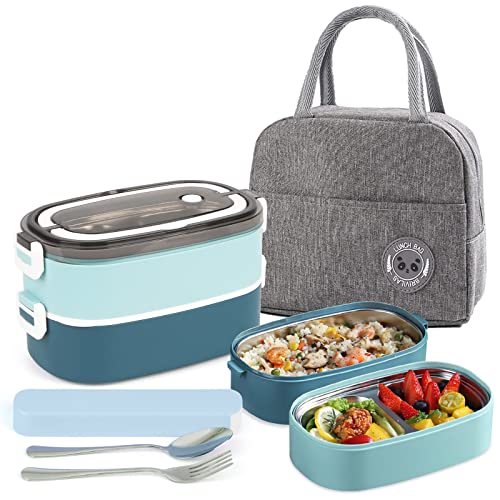 Image of 2 Tier Bento Box Lunch Box for Adults and Kids, Leakproof Bento Lunch Box with 3 Compartments and Cutlery (Spoon & Fork), Portable Adult Lunch Box with Lunch Bag for Work Office School