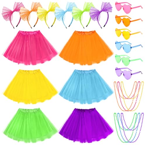 ZhouBoat 24Pcs Adult Tutu Skirts for Women Girls 4 Layered Neon Tulle Tutus Lace Headband Necklace Eyeglasses for Halloween Neon Outfit 80s Costume Accessories multicolor