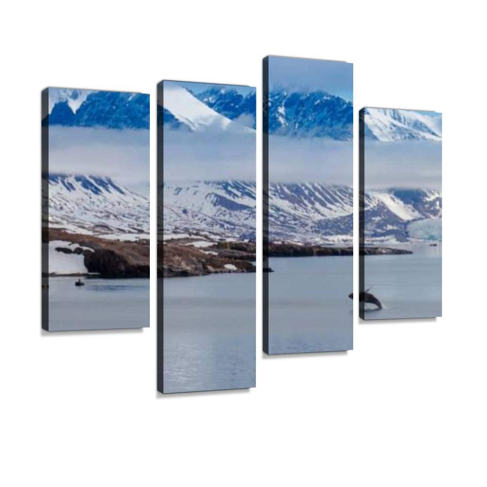 Canvas Print Artwork Whale breaching Wall Art Pictures Framed Digital Print Abstract Painting Room Home Office Decor Ready to Hang - 4 Panel