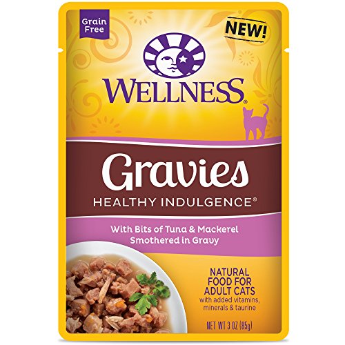 Wellness Healthy Indulgence Natural Grain Free Wet Cat Food, Gravies Tuna & Mackerel, 3-Ounce Pouch (Pack Of 24)