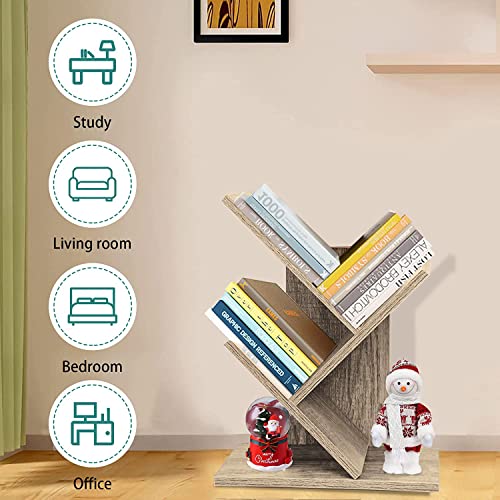Zrwd Tree Bookshelf, 3-Tier Book Storage Organizer Shelves Floor Standing Bookcase, Wood Storage Rack For Office Home School Shelf Display For Cd/Magazine（French Oak Grey） #TOP4