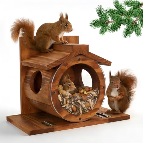 NAVESO Eichhörnchen Futterhaus Eichhörnchen Haus Wetterfest Eichhörnchenhaus aus Holz mit Runden Transparentes Fenster Eichhörnche-n Futterstation für Hinterhof AußErhalb Garten