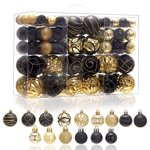 100Pcs Christmas Tree Ball Ornaments Set, Black and Gold Assorted Shatterproof Christmas Balls Decorations, Decorative Hanging Baubles for Holiday Weeding Party Home Decor