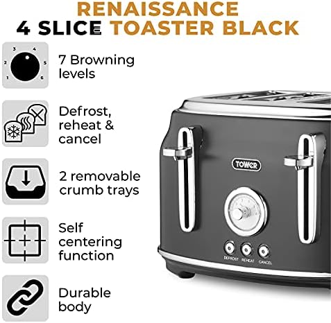 Tower T20065BLK Renaissance 4 Slice Toaster, 1630W, Black