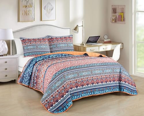 Chezmoi Collection SHORE-QUILT-MULTI-KING Shore 3-Piece Boho Stripe King Size Quilt Set - Medallion Floral Colorful Bohemian Printed Microfiber Lightweight Bedspread Set cover