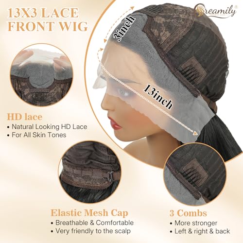 Image of Creamily 30 inch Synthetic Lace Front Wig Black Straight 13x3 HD Lace Front Wigs Long Straight Glueless Pre Plucked Heat Resistant Fiber Hair Wig Natural for Daily Party (Black, 30 inches)