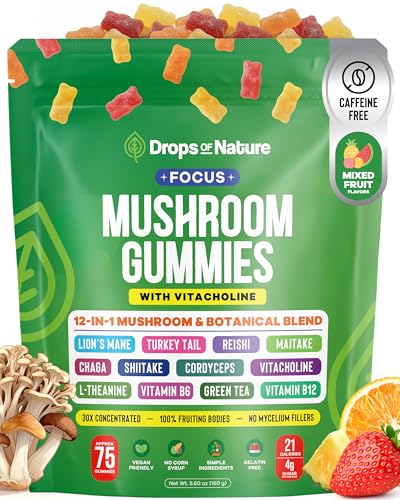 Drops Of Nature Mushroom Focus Gummies – Lions Mane Turkey Tail L-Theanine Choline Green Tea...