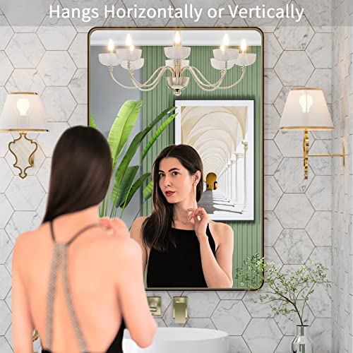LOAAO 24”X36” Bronze Bathroom Mirrors for Vanity, Rounded Rectangle Brushed Bronze Metal Frame Mirror, Anti-Rust, Hangs Horizontally or Vertically