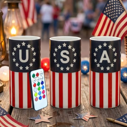 Image of Patriotic Candles with Timer Remote Control, 6inch,3Pcs | 4th of July Candles for American Independence Day Decorations,250th Anniversary American Flag LED Candles