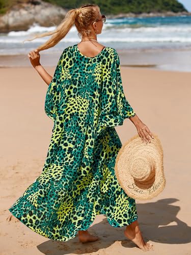 Image of IMAGEKOPE Women's Plus Size Animal Print V-Neck Batwing Kaftan Beach Dress Bathing Suit Cover-Up Loungewear