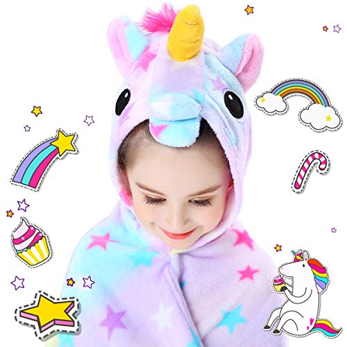 CozyBomB Unicorn Gifts for Girls Wearable Fleece Soft Throw Blanket for Kids - Cute Hooded Plush Bathrobe Cozy Wrap with Hood Sleep Age 3 4 5 6 Year Old Star