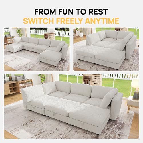 Image of 99 inch Modular Sectional Chenille Sofa bed with Hidden Storage, Comfy Modern 6 Seater Oversized Deep Seat Couch, Modular Sectional with Ottoman and Removable Cover for Living Room, Apartment, Beige