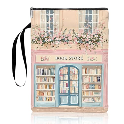 Pink Bookstore Book Sleeve Protector Book Cover Double-Sided Printed Polyester Books Pouch Bag with Zipper and Additional Pocket Gifts for Book Lovers Women Literary Classmate Friend