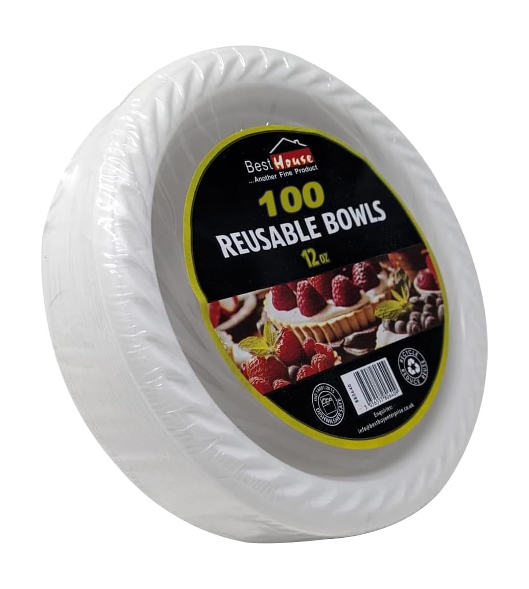 Best House Reusable Plastic Bowls - 12 OZ, Washable Tableware and Dinnerware Plastic Bowl, White Plastic Bowls for BBQs, Party, Picnics, & Catering (Pack of 100 PCS)