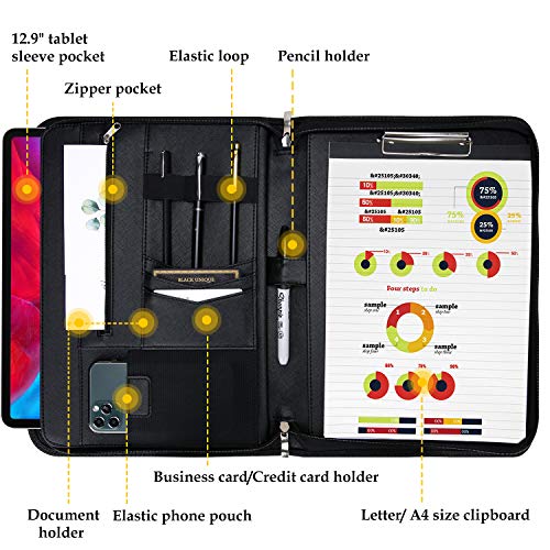 ProCase A4 Schreibmappe PU Kunstleder Konferenzmappe Portfolio mit Reißverschluss Klemmbrett Notizblock Business Dokumentenmappe, leichtes, langlebiges Material- Schwarz