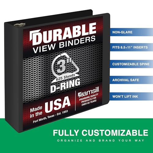 Image of Samsill Durable 3 Inch Binder, D Ring Binder, Customizable Clear View Cover, Charcoal Black, Holds 625 Pages