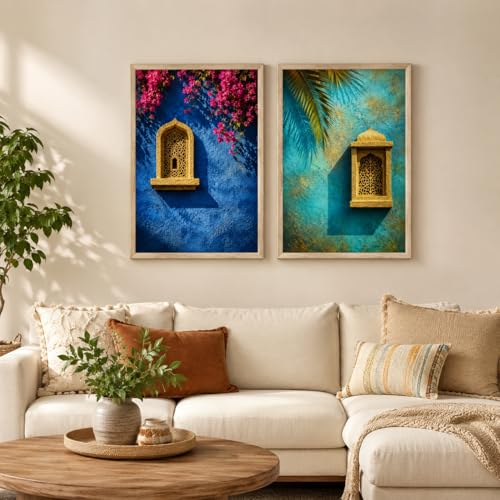 Image of Livin'luxe Set of 2 Blue Moroccan Window Wall Paintings for Living Room Bedroom Hallway Decor with Premium Wooden Color Synthetic Frame (25.5 x 19.5 Inch) NM02-103
