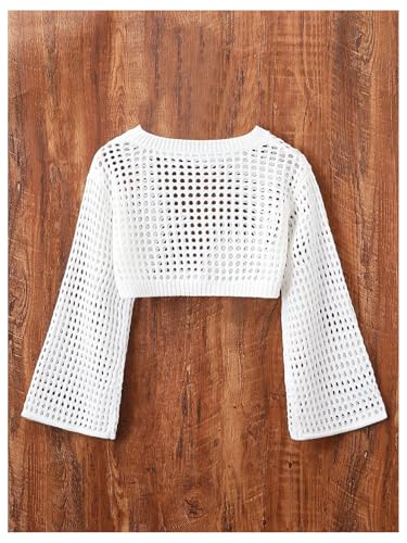SweatyRocks Girl's Hollow Out Crochet Crop Sweater Long Sleeve Crewneck Knit Pullovers2