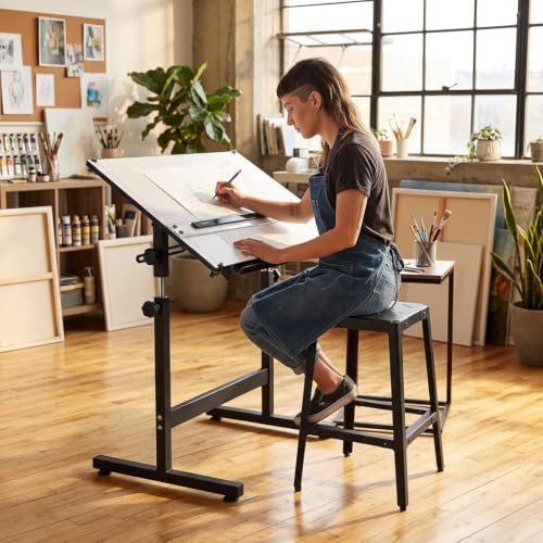 Image of Isomars Drawing & Drafting Table - Scholar with A1 Full ImperialParallel Bar Drafting Board Stand & Stool Adjustable Height & Angles for Architects, Engineers, Designers, Students & Professionals