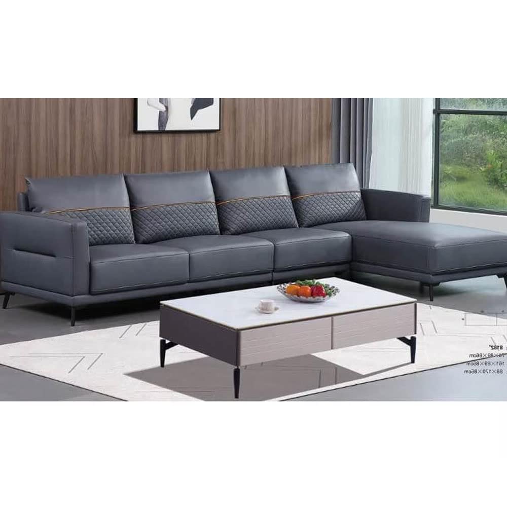 Braxton Denis RHS 5 Seater L Shape Sofa Set for Living Room (Blue Leathertte)