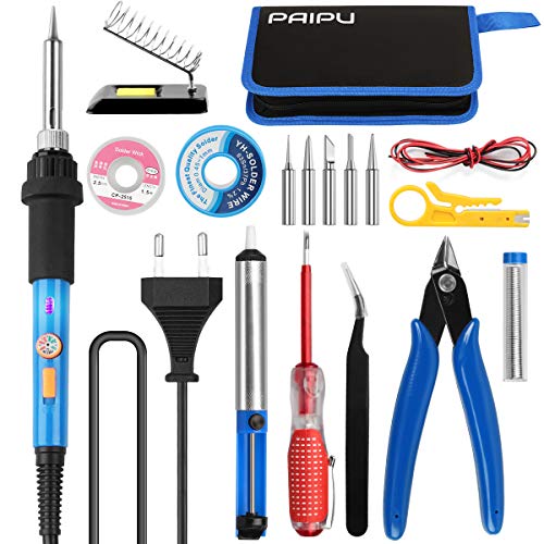 Soldador Estaño PAIPU, Kit de Soldador 18PCS, 60W Soldador de Staño Profesional con interruptores y temperatura de ajuste, Para Soldadura El Uso Diversamente Reparado(S18)
