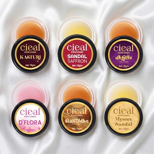 Image of CIEAL Solid Perfume Set of 6 Master Collection (Chempakam, Mysore Sandal, Sandal Saffron, D'Flora, Kalabham & Kasturi) | Alcohol-Free Long Lasting Solid Cologne | Pocket Size Travel-Friendly Perfume for Men & Women | Floral Woody Fragrance Gift Set