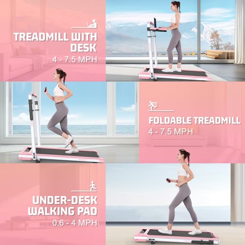 Image of 5-in-1 Desk Treadmill & Walking Pad, Foldable Walking Pad Treadmill with Incline & Handrail bar, 300lbs Capacity, 0.6-7.5MPH, 3 Control Methods, Space-Saving Folding Treadmills for Home Office