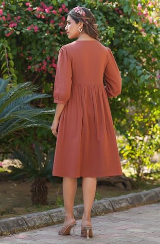 Image of Janasya Women's Rust Orange Pure Cotton Solid Fit & Flare Dress