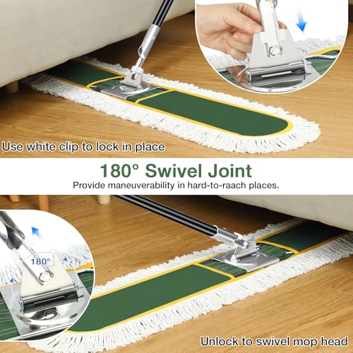 Image of 48 inch Commercial Dust Mop for Floor Cleaning with 2 Cotton Mop Pads | Heavy Duty Wet Dry Broom with 65 inch Metal Handle for Commercial Industrail Office Garage Warehouse Factory Mall /Green