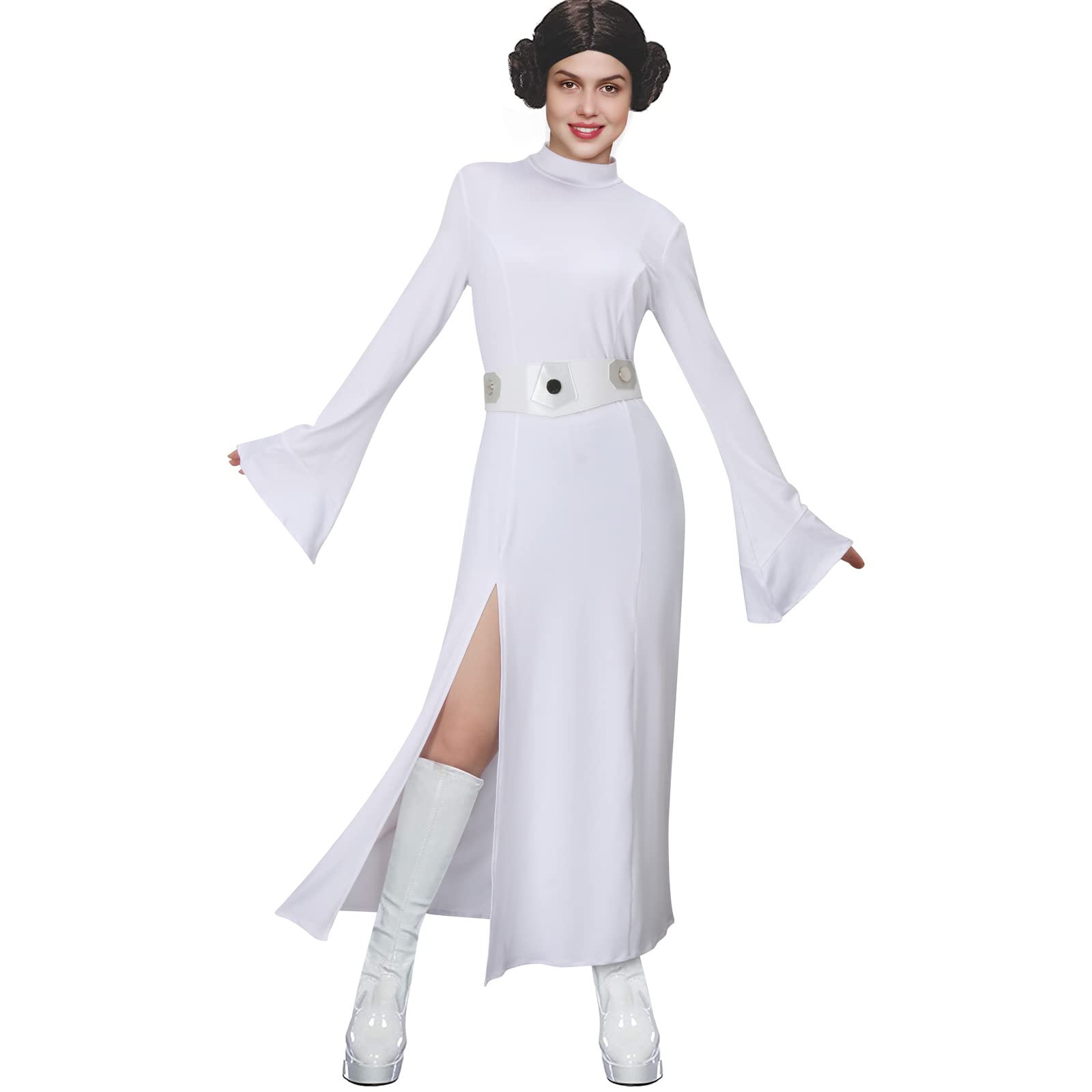 LIKUNGOU Leia Costume White Dress Robe with Belt Halloween Carnivals Cosplay Outfit for Women