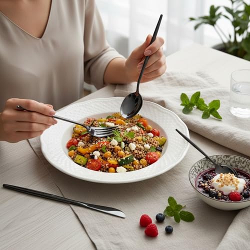 Image of 8 Pcs Black Slim Handle Stainless Steel Cutlery Set for Dining Table with Spoons and Forks Set + Butterknives - The Perfect Tableware /Flatware
