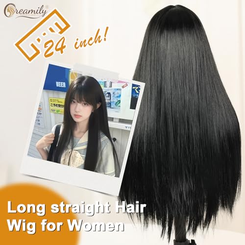 Image of Creamily Black Wig for Women, 22 Inch Long Straight Wig with Bangs, Full Head Synthetic Korean Style Cosplay Wigs