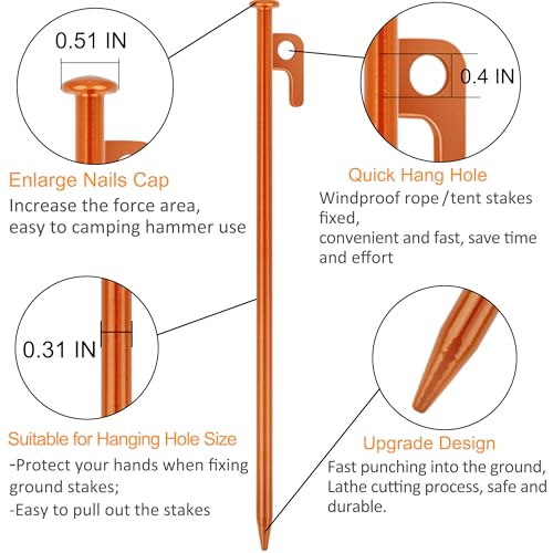 Image of 8 Pack Tent Stakes Heavy Duty 12 inch Steel Tent Pegs for Camping Unbreakable and Inflexible-Orange