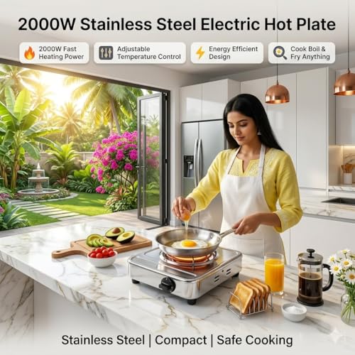 Image of Drumstone 2000W Electric Hot Plate Single Burner, Stainless Steel Portable Cooktop with Adjustable Temperature Control Knob, Coil Heating, Electric Cooking Stove for Home, Office, Hostel & Travel