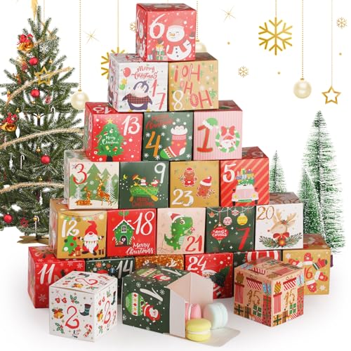 Hianjoo Christmas Advent Calendar 2024, 24 Pcs DIY Empty Calendars to Fill Chocolate Candy Cookie, Christmas Countdown Gift Wrap Boxes for Kids Boys Girls Men Adult (Colorful)
