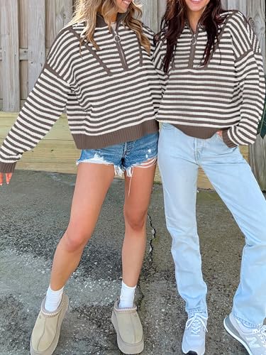 Image of ANRABESS Sweaters for Women Striped Half Zip Long Sleeve Ribbed Knit Pullover Comfy Casual Lightweight Tops 2026 Fall Fashion
