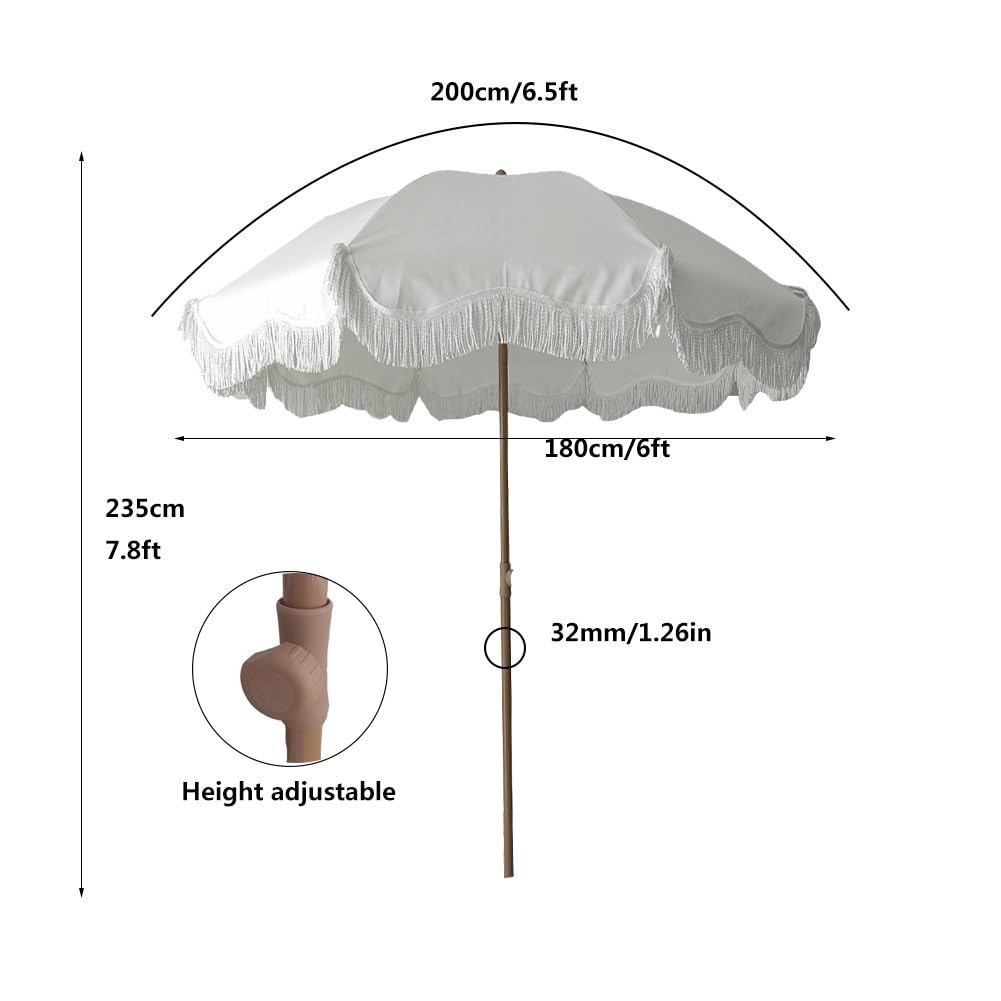Parasol Plażowy 200 cm z Frędzlami, Parasol Ogrodowy z Ochroną UV i Odchylany z Regulowana Wysokość Słupkiem do Ogrodu i na Imprezy(Brown Pole)