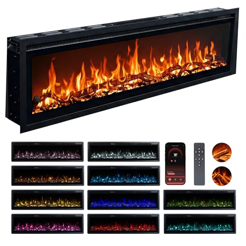 Valine Fires Recessed Electric Freestanding Fireplace UltraSlim Heater 42/106cm Wall-Mounted Fireplace for Media Wall Electric Fire with 15 LED Flame Colours Wifi/Alexa Remote Control 900W/1800W