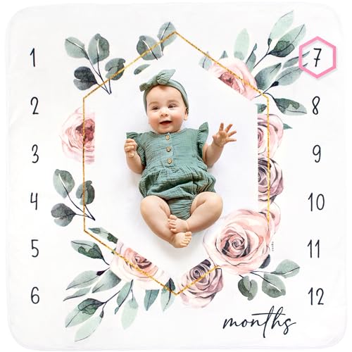 Image of Calloo Baby Monthly Milestone Blanket Floral, First 12 Months Baby Milestone Blanket for Baby Girl, for Newborn Girls, Newborn Essentials Photo Blanket for Age and Growth, 46”x46”