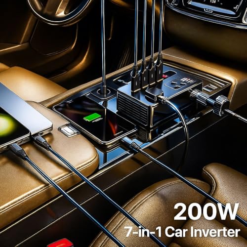 Image of Fire Turtle 7in1 200 Watt Car Laptop Charger Fast Charging /Power Car Inverter Portable,12V DC to 220V AC Socket Converter2 USB (3A & 2.4A) + 2 Type-C (30WPD & 2.4A) for Laptop, Mobile & Others (7in1)