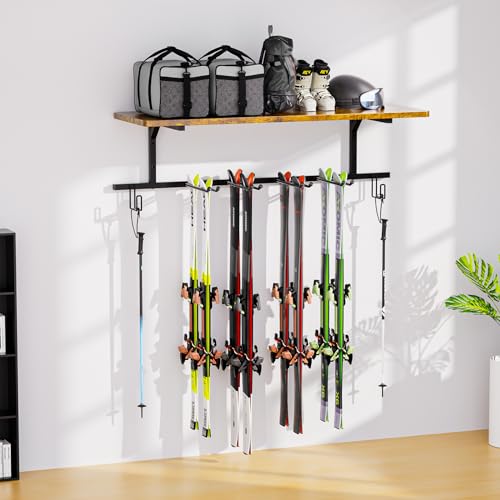 Lieberen Snowboard Wall Mount,Ski Wall Mount Can Bear Weight Of 400 Pounds,Ski Rack With Wooden Shelf,Ski Rack For Garage Wall Holds 12 Pairs,Snowboard Rack Size 45.27‘L’15.55‘W’Inch. thumb #5